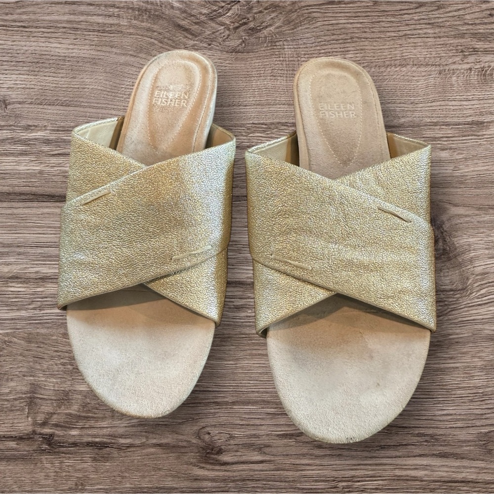 Eileen Fisher Shimmering Gold Crisscross Mules